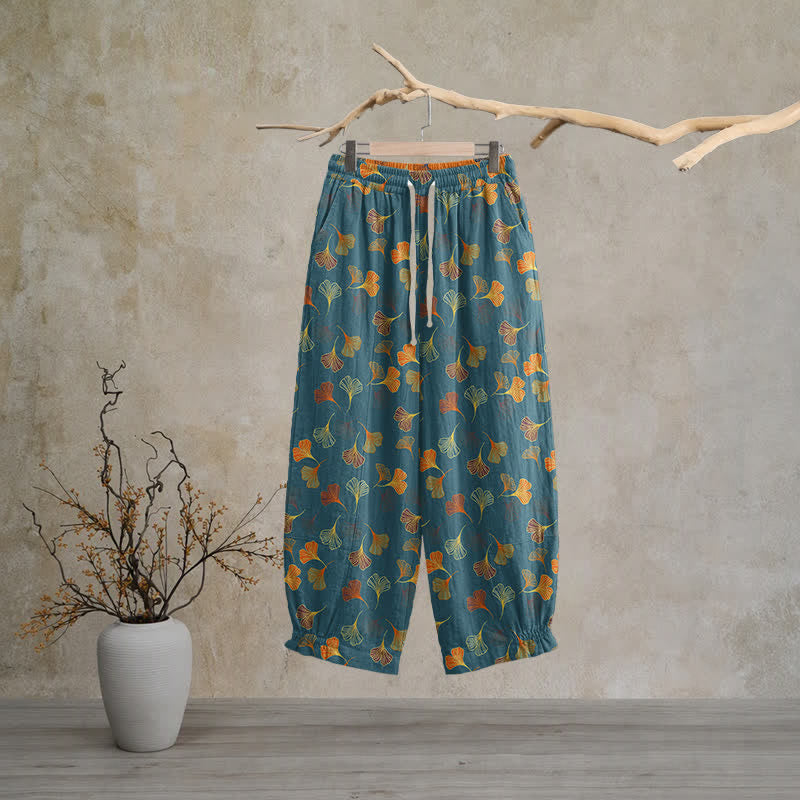 Multi‑Color Ginkgo Leaf Cotton Lounge Pants Autumn Blue Botanical Breathable Casual Pants Cotton Cotton Gauze Gauze Ginkgo Leaf Gray Homewear L Leaf Loungewear newin260810 Nightwear Pajama Pajama Pants Pants Retro Sleep Pants Sleepwear Spring Summer Vintage women XL Yellow
