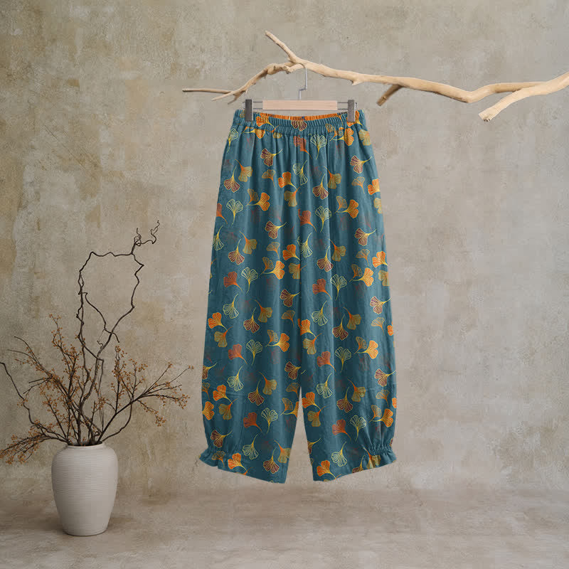 Multi‑Color Ginkgo Leaf Cotton Lounge Pants Autumn Blue Botanical Breathable Casual Pants Cotton Cotton Gauze Gauze Ginkgo Leaf Gray Homewear L Leaf Loungewear newin260810 Nightwear Pajama Pajama Pants Pants Retro Sleep Pants Sleepwear Spring Summer Vintage women XL Yellow