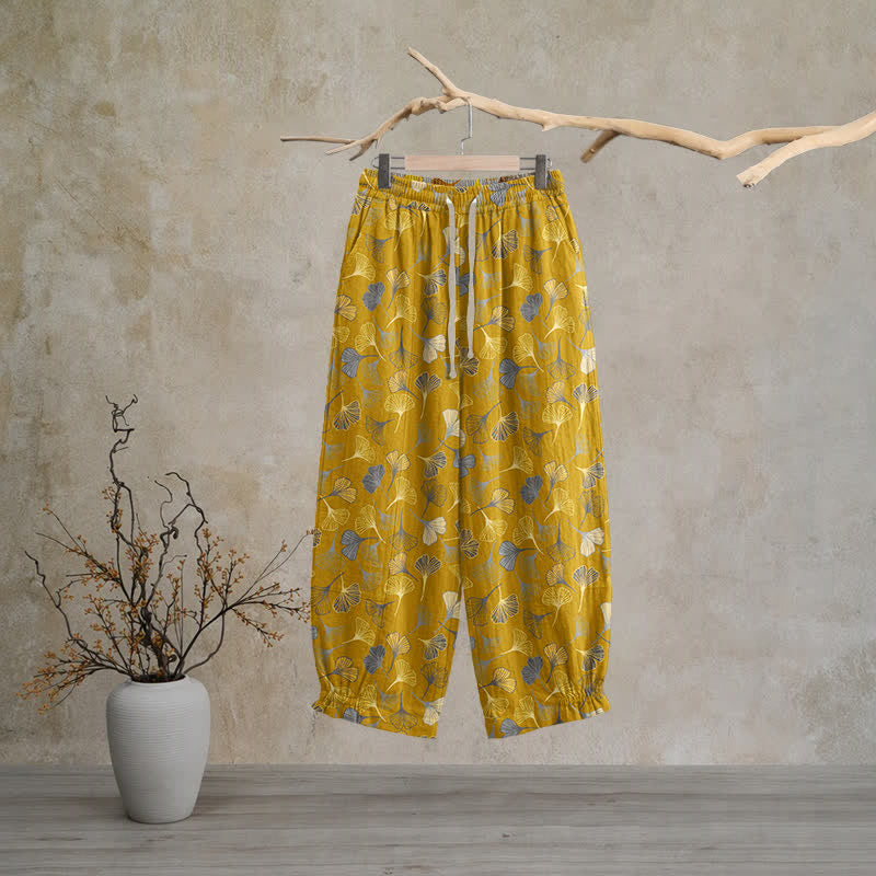 Multi‑Color Ginkgo Leaf Cotton Lounge Pants Autumn Blue Botanical Breathable Casual Pants Cotton Cotton Gauze Gauze Ginkgo Leaf Gray Homewear L Leaf Loungewear newin260810 Nightwear Pajama Pajama Pants Pants Retro Sleep Pants Sleepwear Spring Summer Vintage women XL Yellow