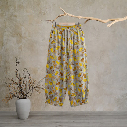 Multi‑Color Ginkgo Leaf Cotton Lounge Pants Autumn Blue Botanical Breathable Casual Pants Cotton Cotton Gauze Gauze Ginkgo Leaf Gray Homewear L Leaf Loungewear newin260810 Nightwear Pajama Pajama Pants Pants Retro Sleep Pants Sleepwear Spring Summer Vintage women XL Yellow