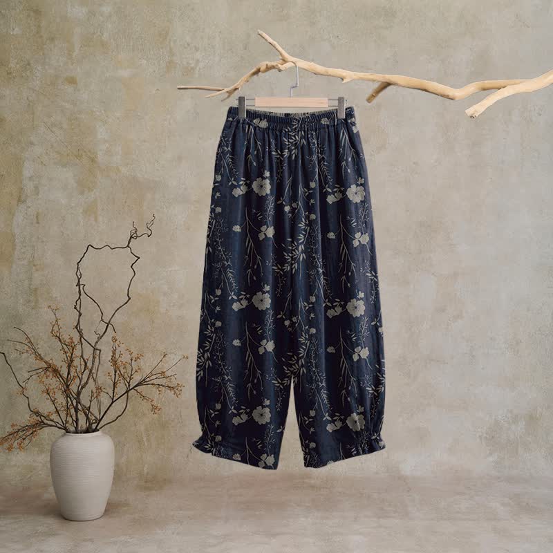 Navy Blue Wildflower Cotton Gauge Lounge Pants Autumn Breathable Casual Pants Cotton Cotton Gauze Flower Gauze Homewear L Loungewear Navy Blue newin260810 Nightwear Pajama Pajama Pants Pants Sleep Pants Sleepwear Spring Summer Vintage Wildflower women XL