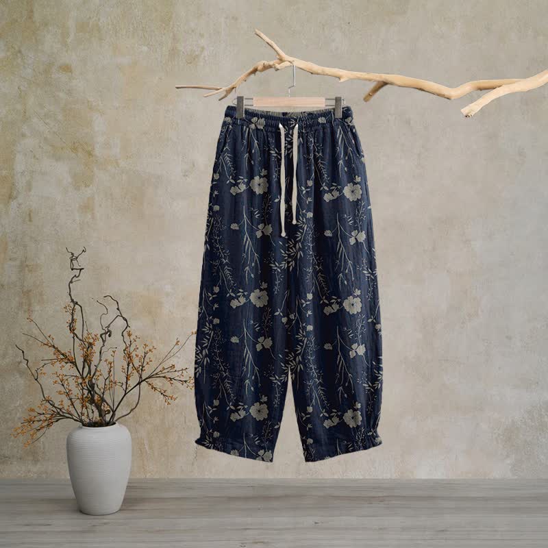 Navy Blue Wildflower Cotton Gauge Lounge Pants Autumn Breathable Casual Pants Cotton Cotton Gauze Flower Gauze Homewear L Loungewear Navy Blue newin260810 Nightwear Pajama Pajama Pants Pants Sleep Pants Sleepwear Spring Summer Vintage Wildflower women XL