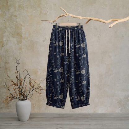 Navy Blue Wildflower Cotton Gauge Lounge Pants Autumn Breathable Casual Pants Cotton Cotton Gauze Flower Gauze Homewear L Loungewear Navy Blue newin260810 Nightwear Pajama Pajama Pants Pants Sleep Pants Sleepwear Spring Summer Vintage Wildflower women XL