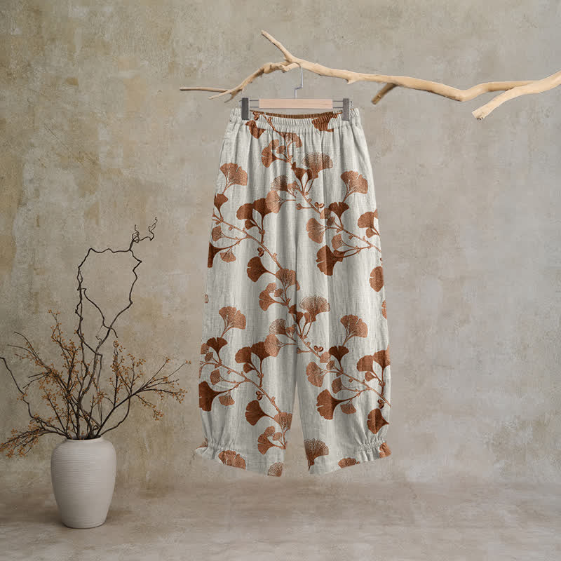 Beige Base Rust Ginkgo Leaf Pattern Cotton Lounge Pants Autumn Beige Breathable Casual Pants Cotton Cotton Gauze Gauze Ginkgo Leaf Homewear L Leaf Loungewear newin260810 Nightwear Pajama Pajama Pants Pants Sleep Pants Sleepwear Spring Summer Vintage women XL