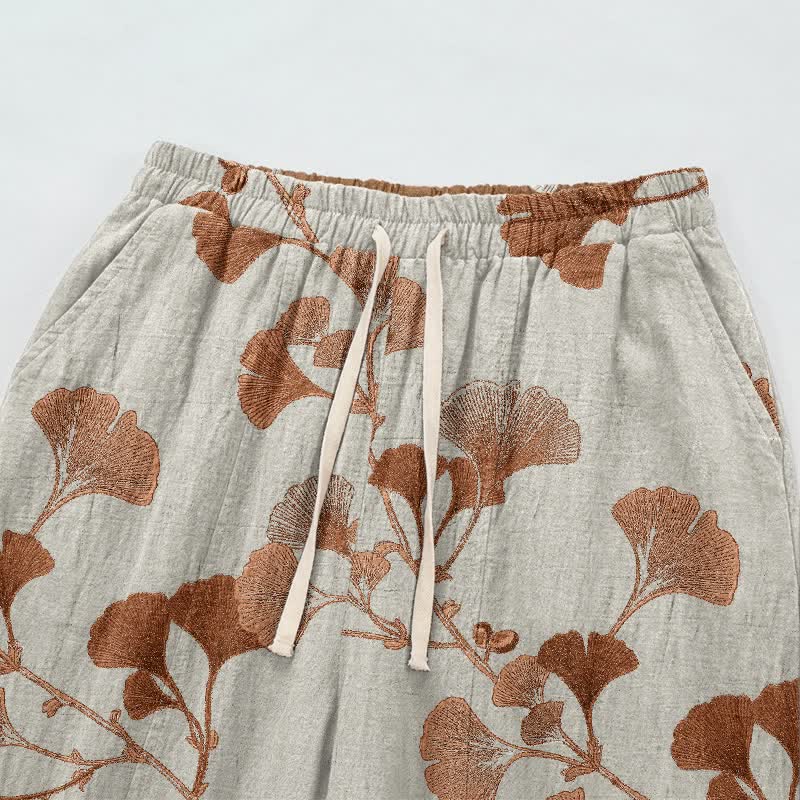 Beige Base Rust Ginkgo Leaf Pattern Cotton Lounge Pants Autumn Beige Breathable Casual Pants Cotton Cotton Gauze Gauze Ginkgo Leaf Homewear L Leaf Loungewear newin260810 Nightwear Pajama Pajama Pants Pants Sleep Pants Sleepwear Spring Summer Vintage women XL