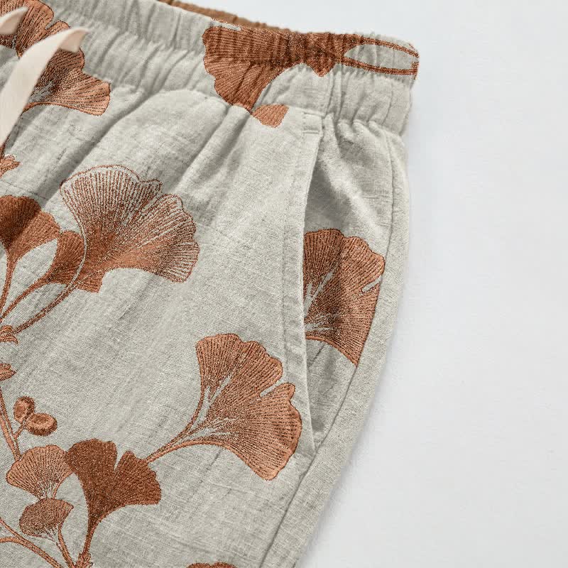 Beige Base Rust Ginkgo Leaf Pattern Cotton Lounge Pants Autumn Beige Breathable Casual Pants Cotton Cotton Gauze Gauze Ginkgo Leaf Homewear L Leaf Loungewear newin260810 Nightwear Pajama Pajama Pants Pants Sleep Pants Sleepwear Spring Summer Vintage women XL