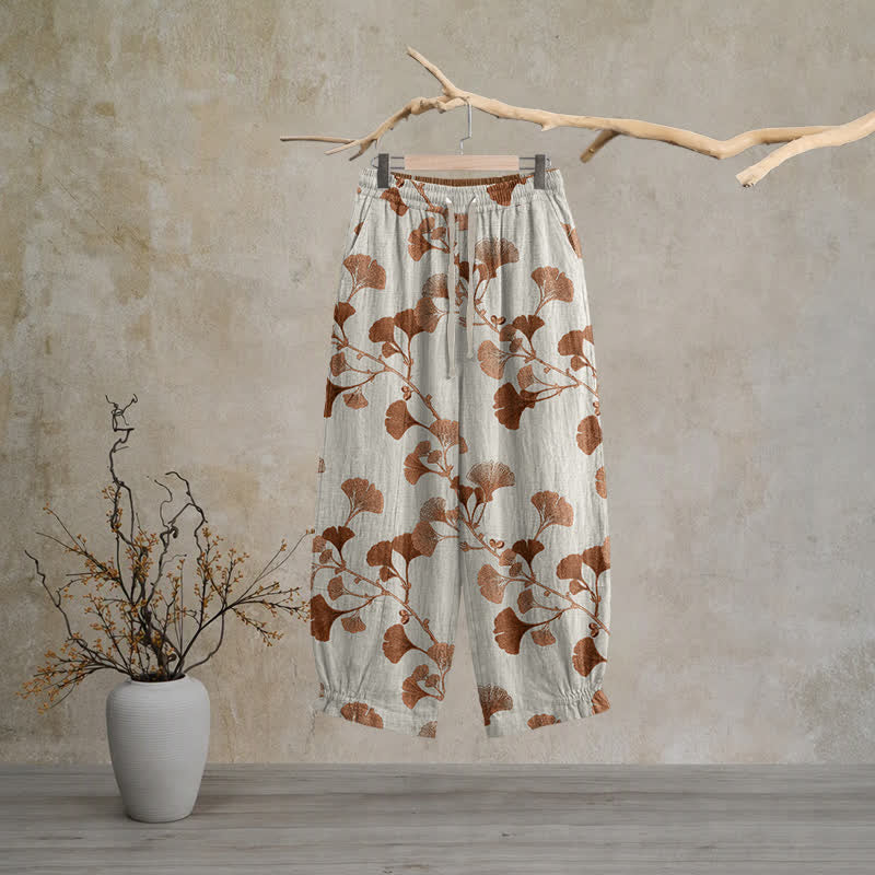 Beige Base Rust Ginkgo Leaf Pattern Cotton Lounge Pants Autumn Beige Breathable Casual Pants Cotton Cotton Gauze Gauze Ginkgo Leaf Homewear L Leaf Loungewear newin260810 Nightwear Pajama Pajama Pants Pants Sleep Pants Sleepwear Spring Summer Vintage women XL