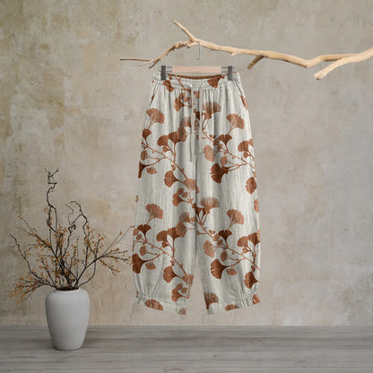 Beige Base Rust Ginkgo Leaf Pattern Cotton Lounge Pants Autumn Beige Breathable Casual Pants Cotton Cotton Gauze Gauze Ginkgo Leaf Homewear L Leaf Loungewear newin260810 Nightwear Pajama Pajama Pants Pants Sleep Pants Sleepwear Spring Summer Vintage women XL