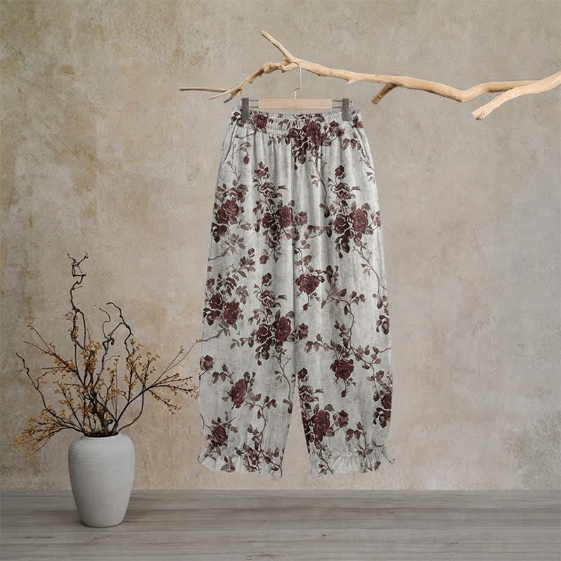 Vintage Light Gray Rose Loose Lounge Pants Autumn Breathable Casual Pants Homewear L Light Gray Loungewear M newin260810 Nightwear Pajama Pajama Pants Pants Rayon Retro Rose Sleep Pants Sleepwear Spring Summer Vintage Viscose women XL