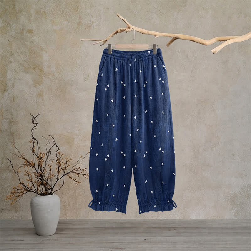 Whimsical Navy Blue Heart‑Print Lounge Pants Autumn Breathable Casual Pants Heart‑Print Homewear L Loungewear M Navy Blue newin260810 Nightwear Pajama Pajama Pants Pants Rayon Sleep Pants Sleepwear Spring Summer Viscose Whimsical women XL