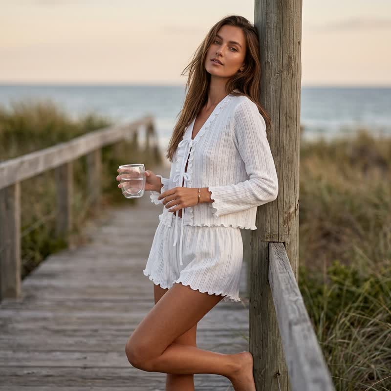 White Ruffle Cotton Loungewear Set