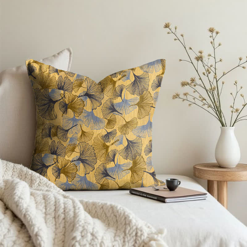 Golden Ginkgo Leaf Cotton Gauze Pillow
