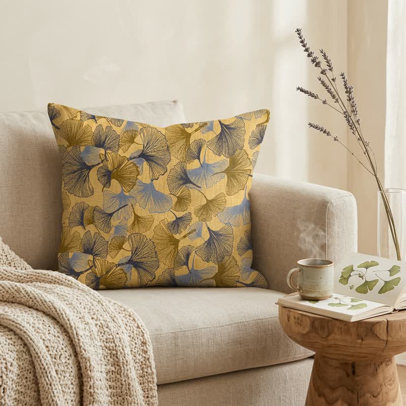 Golden Ginkgo Leaf Cotton Gauze Pillow