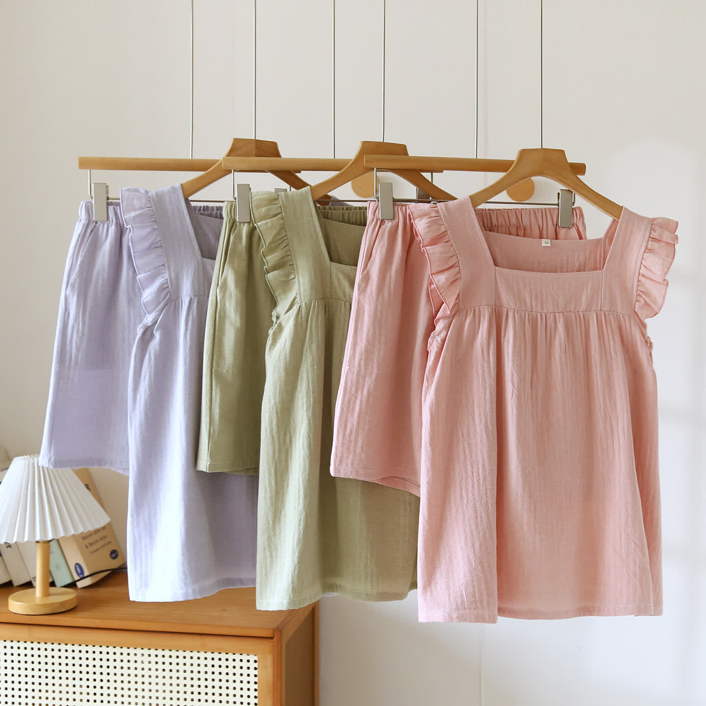 Breezy Ruffle Trim Cotton Lounge Set Breathable Casual Cotton Cotton Linen Blend Elastic Waist Flutter Sleeve Homewear L Lightweight Loose Fit Loungewear Matching Set Pajama Pajama Set Pullover Style Set Sleepwear Sleeveless Sleeveless Top Soft Cotton Solid Color Spring Summer Two Piece Set women