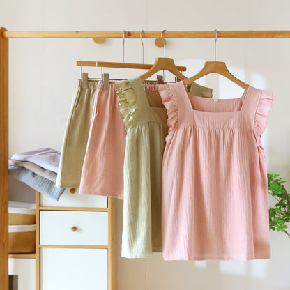 Breezy Ruffle Trim Cotton Lounge Set Breathable Casual Cotton Cotton Linen Blend Elastic Waist Flutter Sleeve Homewear L Lightweight Loose Fit Loungewear Matching Set Pajama Pajama Set Pullover Style Set Sleepwear Sleeveless Sleeveless Top Soft Cotton Solid Color Spring Summer Two Piece Set women