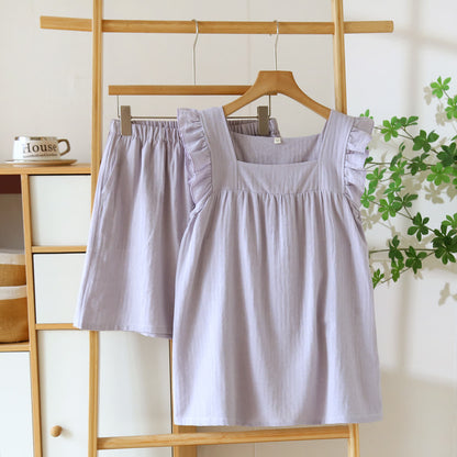 Breezy Ruffle Trim Cotton Lounge Set Breathable Casual Cotton Cotton Linen Blend Elastic Waist Flutter Sleeve Homewear L Lightweight Loose Fit Loungewear Matching Set Pajama Pajama Set Pullover Style Set Sleepwear Sleeveless Sleeveless Top Soft Cotton Solid Color Spring Summer Two Piece Set women