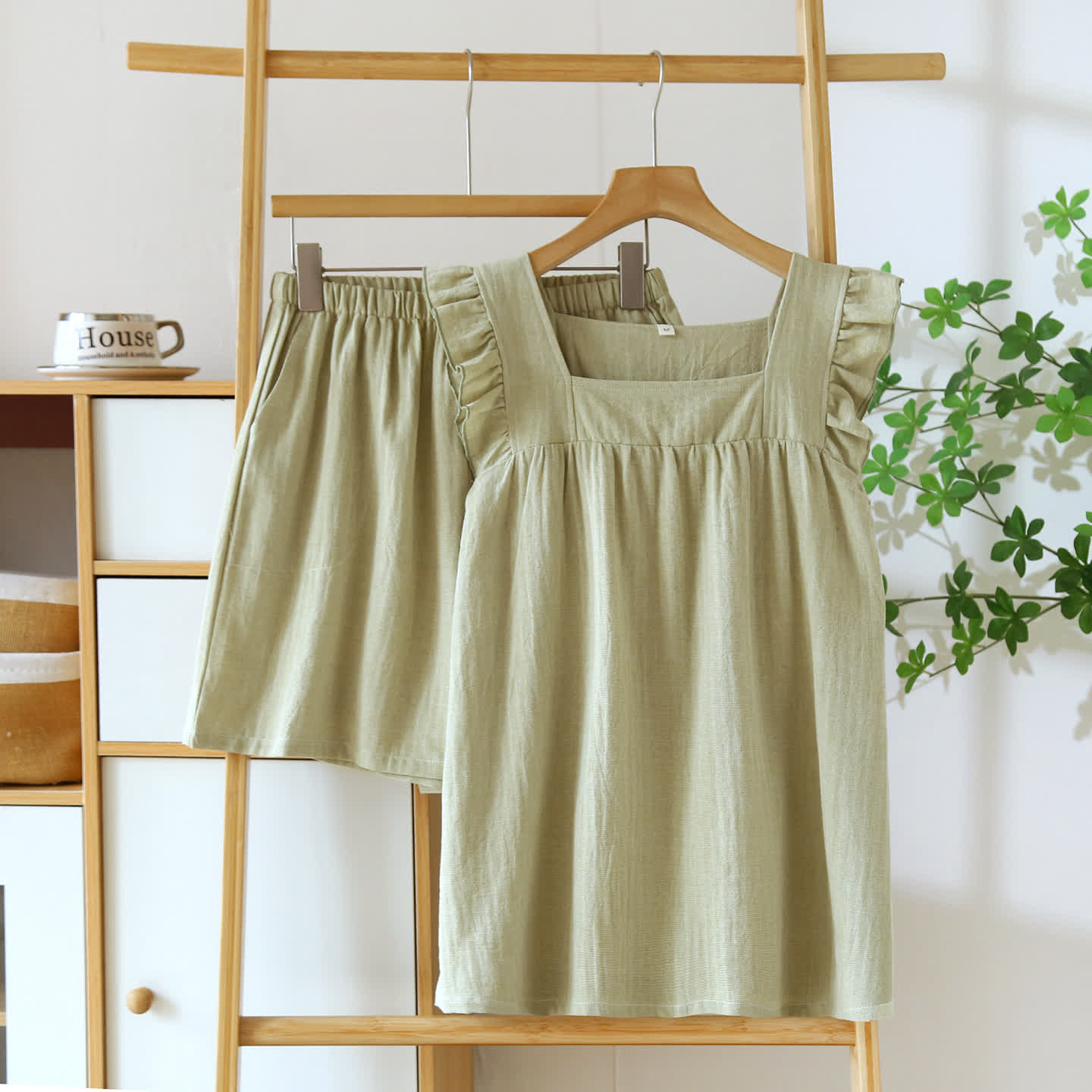 Breezy Ruffle Trim Cotton Lounge Set Breathable Casual Cotton Cotton Linen Blend Elastic Waist Flutter Sleeve Homewear L Lightweight Loose Fit Loungewear Matching Set Pajama Pajama Set Pullover Style Set Sleepwear Sleeveless Sleeveless Top Soft Cotton Solid Color Spring Summer Two Piece Set women
