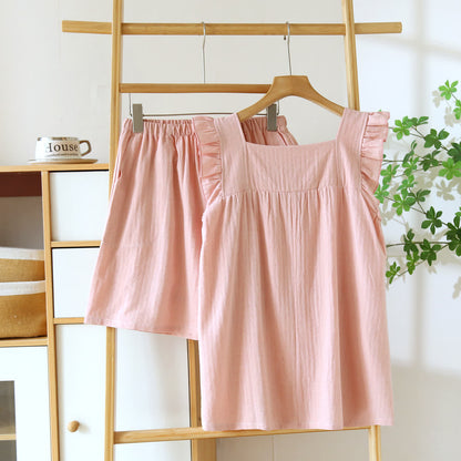 Breezy Ruffle Trim Cotton Lounge Set Breathable Casual Cotton Cotton Linen Blend Elastic Waist Flutter Sleeve Homewear L Lightweight Loose Fit Loungewear Matching Set Pajama Pajama Set Pullover Style Set Sleepwear Sleeveless Sleeveless Top Soft Cotton Solid Color Spring Summer Two Piece Set women