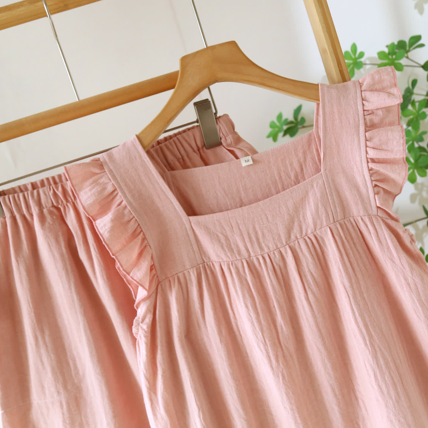 Breezy Ruffle Trim Cotton Lounge Set Breathable Casual Cotton Cotton Linen Blend Elastic Waist Flutter Sleeve Homewear L Lightweight Loose Fit Loungewear Matching Set Pajama Pajama Set Pullover Style Set Sleepwear Sleeveless Sleeveless Top Soft Cotton Solid Color Spring Summer Two Piece Set women