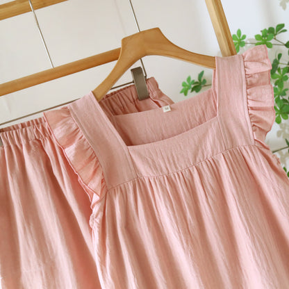 Breezy Ruffle Trim Cotton Lounge Set Breathable Casual Cotton Cotton Linen Blend Elastic Waist Flutter Sleeve Homewear L Lightweight Loose Fit Loungewear Matching Set Pajama Pajama Set Pullover Style Set Sleepwear Sleeveless Sleeveless Top Soft Cotton Solid Color Spring Summer Two Piece Set women