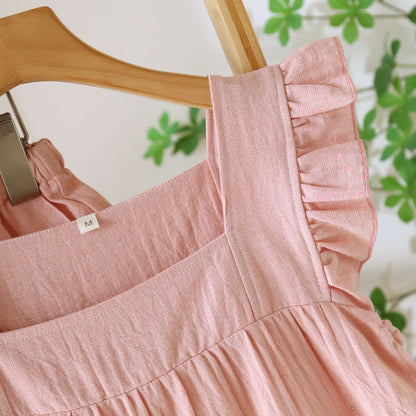 Breezy Ruffle Trim Cotton Lounge Set Breathable Casual Cotton Cotton Linen Blend Elastic Waist Flutter Sleeve Homewear L Lightweight Loose Fit Loungewear Matching Set Pajama Pajama Set Pullover Style Set Sleepwear Sleeveless Sleeveless Top Soft Cotton Solid Color Spring Summer Two Piece Set women