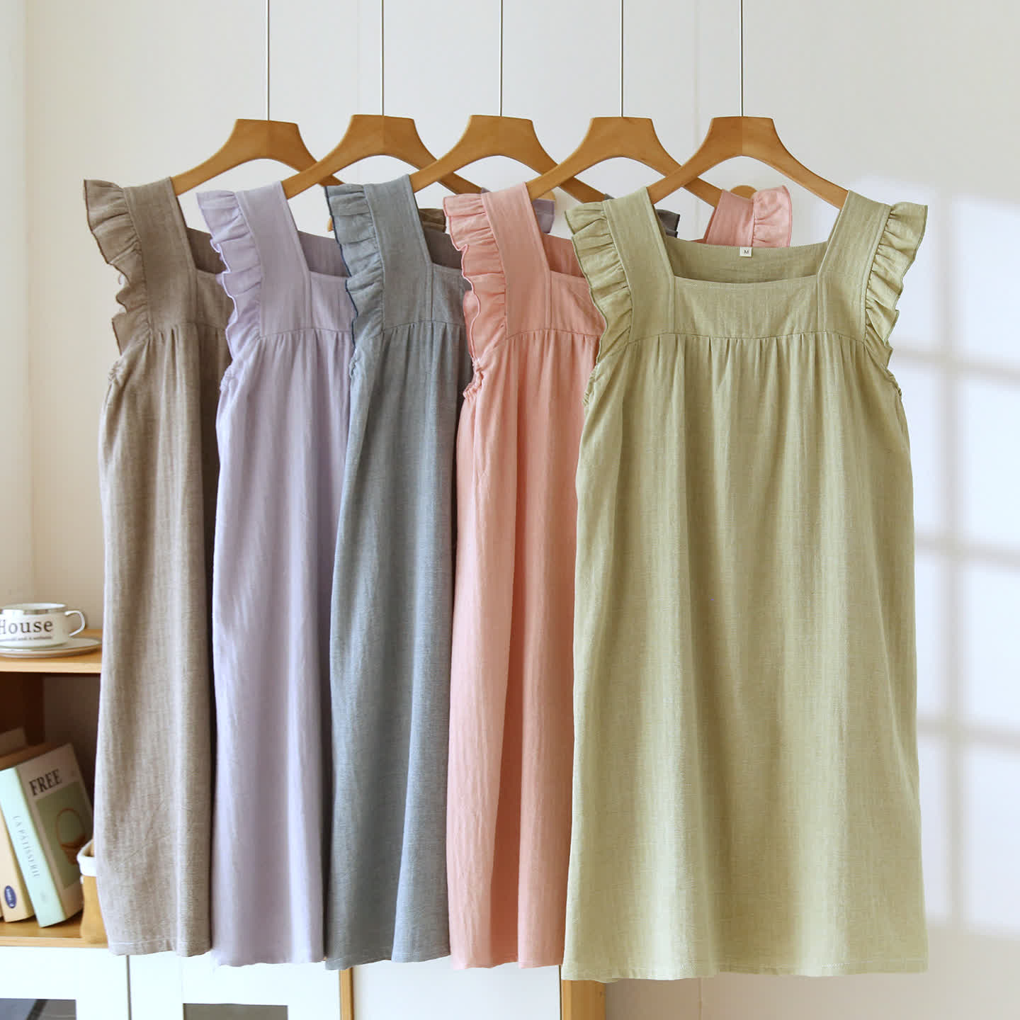 Cotton Square Neck Ruffle Lounge Dress A-Line Silhouette All Season Autumn Breathable Casual Comfortable Cotton Cotton Linen Flutter Sleeve Homewear House Dress Indoor L Lightweight Loose Fit Lounge Dress Loungewear Midi Length Minimalist Outdoor Wear Pajama Pastel Colors Pull-On Style Ruffle Trim Sleepwear Soft Cotton Solid Color Spa Spring Square Neck Summer Textured Fabric Warm Weather women