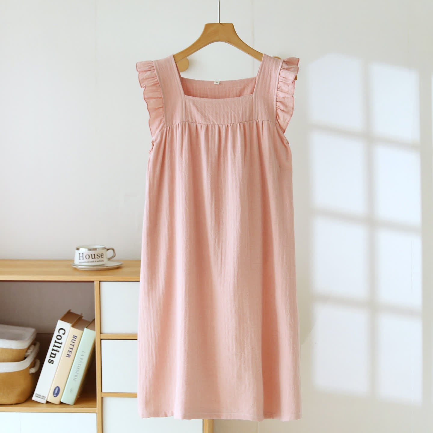 Cotton Square Neck Ruffle Lounge Dress A-Line Silhouette All Season Autumn Breathable Casual Comfortable Cotton Cotton Linen Flutter Sleeve Homewear House Dress Indoor L Lightweight Loose Fit Lounge Dress Loungewear Midi Length Minimalist Outdoor Wear Pajama Pastel Colors Pull-On Style Ruffle Trim Sleepwear Soft Cotton Solid Color Spa Spring Square Neck Summer Textured Fabric Warm Weather women