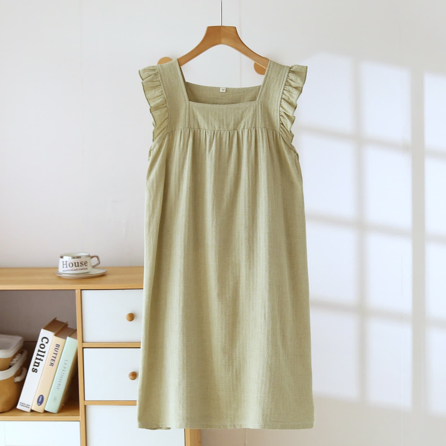 Cotton Square Neck Ruffle Lounge Dress A-Line Silhouette All Season Autumn Breathable Casual Comfortable Cotton Cotton Linen Flutter Sleeve Homewear House Dress Indoor L Lightweight Loose Fit Lounge Dress Loungewear Midi Length Minimalist Outdoor Wear Pajama Pastel Colors Pull-On Style Ruffle Trim Sleepwear Soft Cotton Solid Color Spa Spring Square Neck Summer Textured Fabric Warm Weather women
