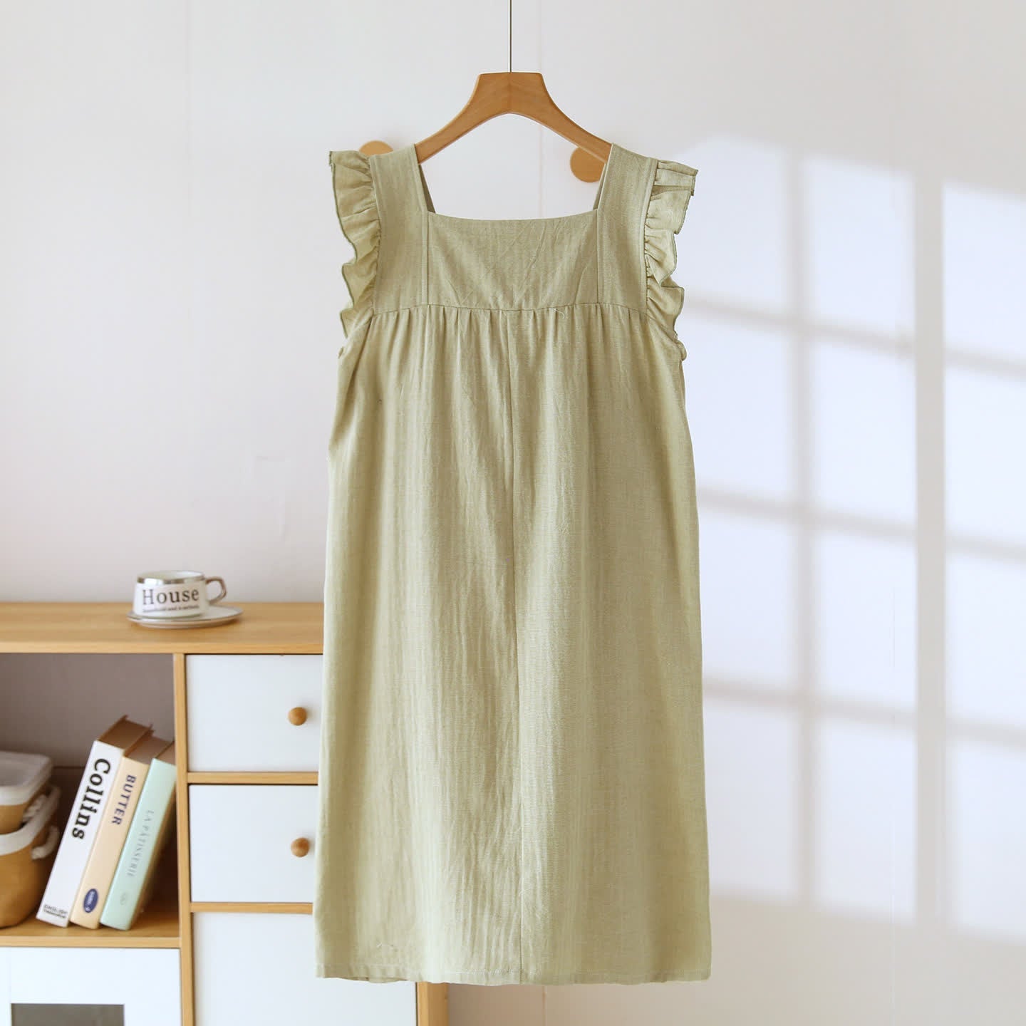 Cotton Square Neck Ruffle Lounge Dress A-Line Silhouette All Season Autumn Breathable Casual Comfortable Cotton Cotton Linen Flutter Sleeve Homewear House Dress Indoor L Lightweight Loose Fit Lounge Dress Loungewear Midi Length Minimalist Outdoor Wear Pajama Pastel Colors Pull-On Style Ruffle Trim Sleepwear Soft Cotton Solid Color Spa Spring Square Neck Summer Textured Fabric Warm Weather women