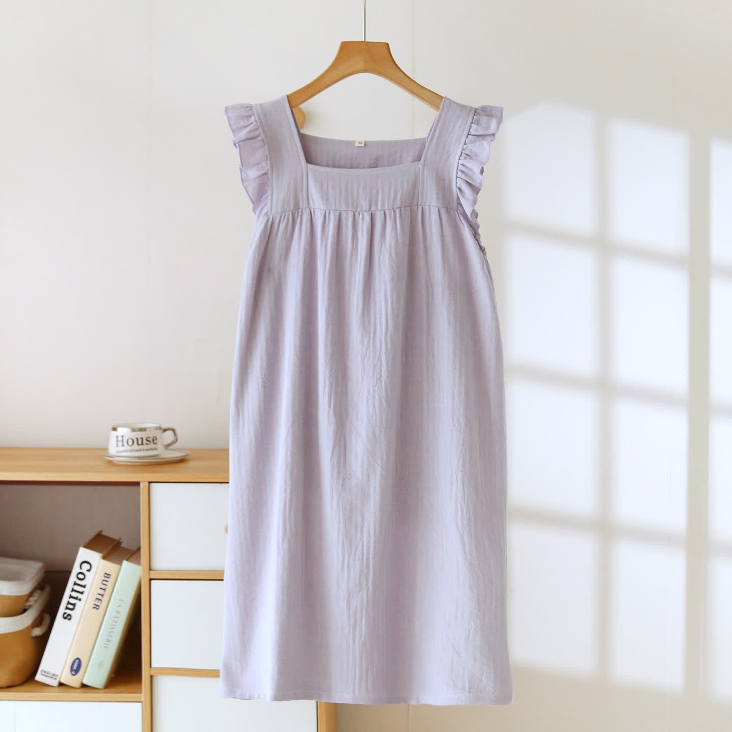 Cotton Square Neck Ruffle Lounge Dress A-Line Silhouette All Season Autumn Breathable Casual Comfortable Cotton Cotton Linen Flutter Sleeve Homewear House Dress Indoor L Lightweight Loose Fit Lounge Dress Loungewear Midi Length Minimalist Outdoor Wear Pajama Pastel Colors Pull-On Style Ruffle Trim Sleepwear Soft Cotton Solid Color Spa Spring Square Neck Summer Textured Fabric Warm Weather women