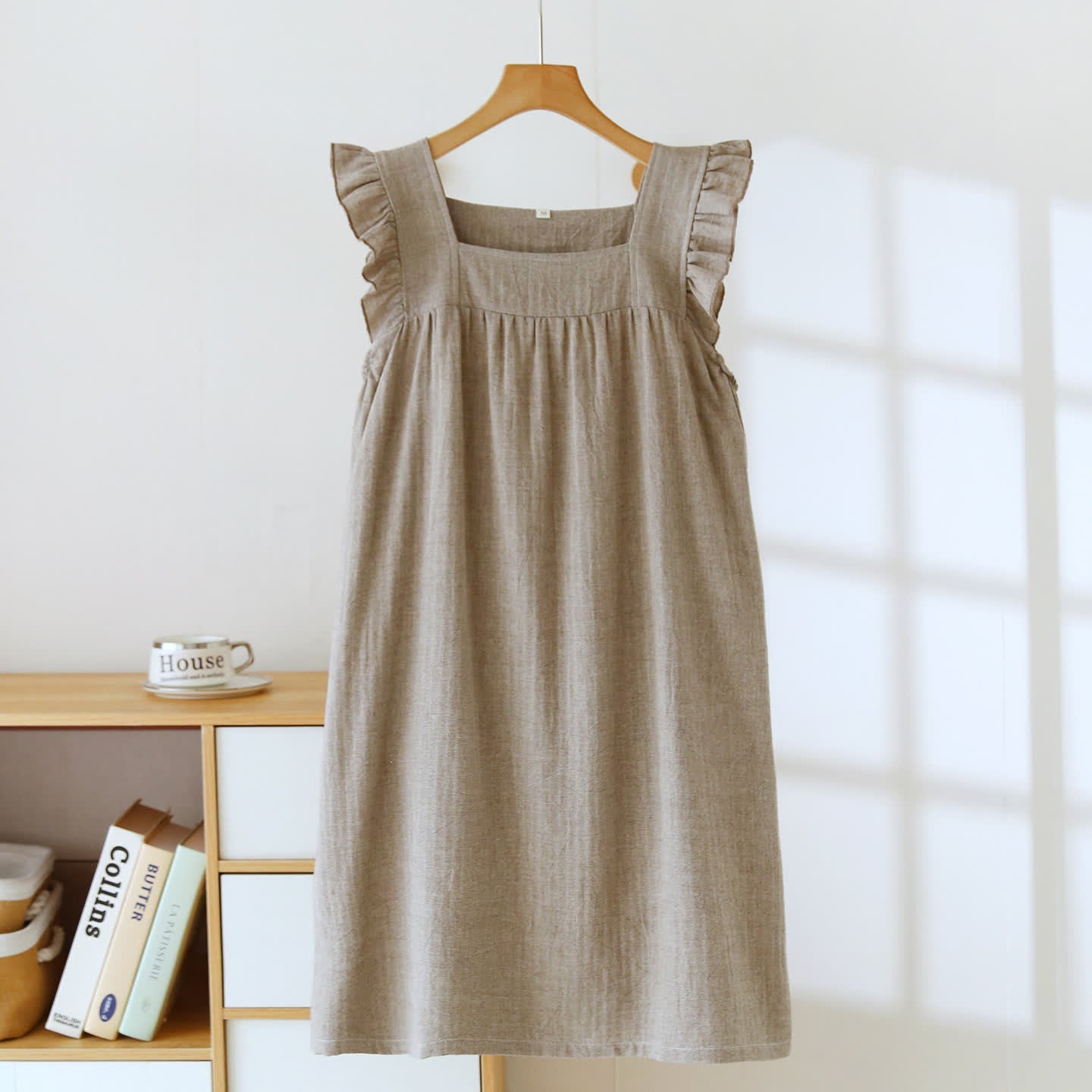 Cotton Square Neck Ruffle Lounge Dress A-Line Silhouette All Season Autumn Breathable Casual Comfortable Cotton Cotton Linen Flutter Sleeve Homewear House Dress Indoor L Lightweight Loose Fit Lounge Dress Loungewear Midi Length Minimalist Outdoor Wear Pajama Pastel Colors Pull-On Style Ruffle Trim Sleepwear Soft Cotton Solid Color Spa Spring Square Neck Summer Textured Fabric Warm Weather women