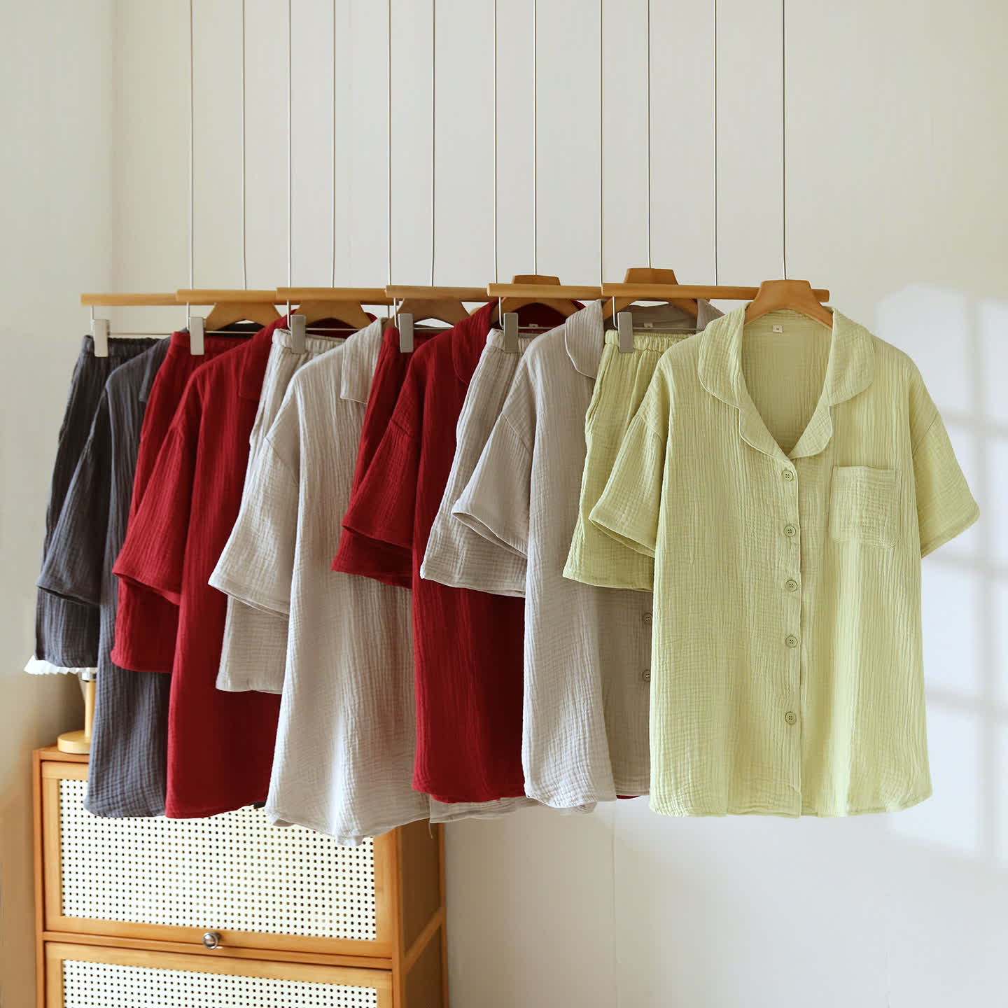 Cotton Gauze Button Front Loungewear Set 100% Cotton After-Bath Wear Autumn Button Front Casual Comfortable Cooling Loungewear Cotton Cotton Gauze Couple Sleepwear Crinkled Texture Dropped Shoulder Elastic Waist Home Lounge Outfit Homewear Indoor L Lightweight Lounge Set Loungewear Minimalist Outerwear-Ready Pajama Pajama Set Patch Pocket Set Short Sleeve Shorts Set Sleepwear Soft Cotton Solid Color Sleepwear Spring Summer Turn-Down Collar Two Piece Set Warm Weather
