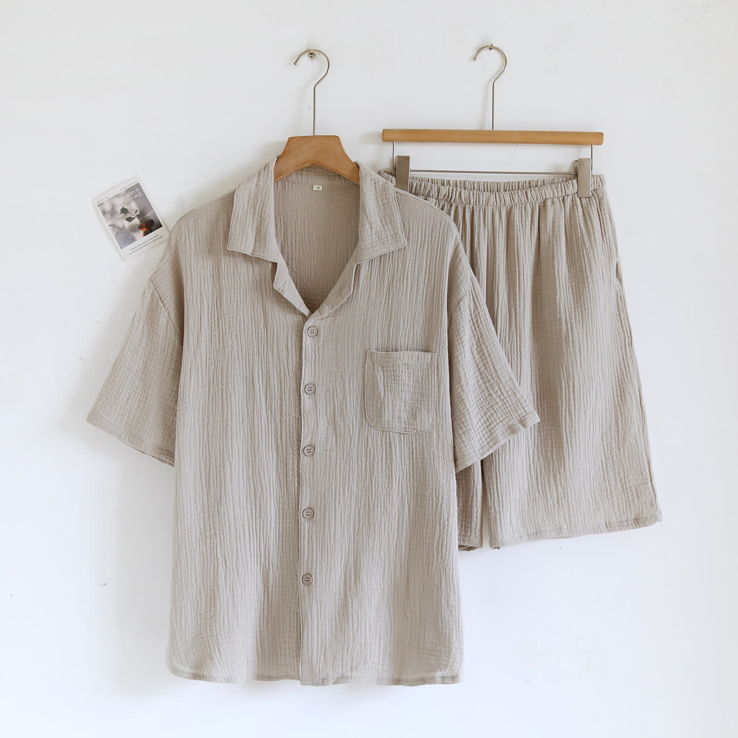 Cotton Gauze Button Front Loungewear Set 100% Cotton After-Bath Wear Autumn Button Front Casual Comfortable Cooling Loungewear Cotton Cotton Gauze Couple Sleepwear Crinkled Texture Dropped Shoulder Elastic Waist Home Lounge Outfit Homewear Indoor L Lightweight Lounge Set Loungewear Minimalist Outerwear-Ready Pajama Pajama Set Patch Pocket Set Short Sleeve Shorts Set Sleepwear Soft Cotton Solid Color Sleepwear Spring Summer Turn-Down Collar Two Piece Set Warm Weather