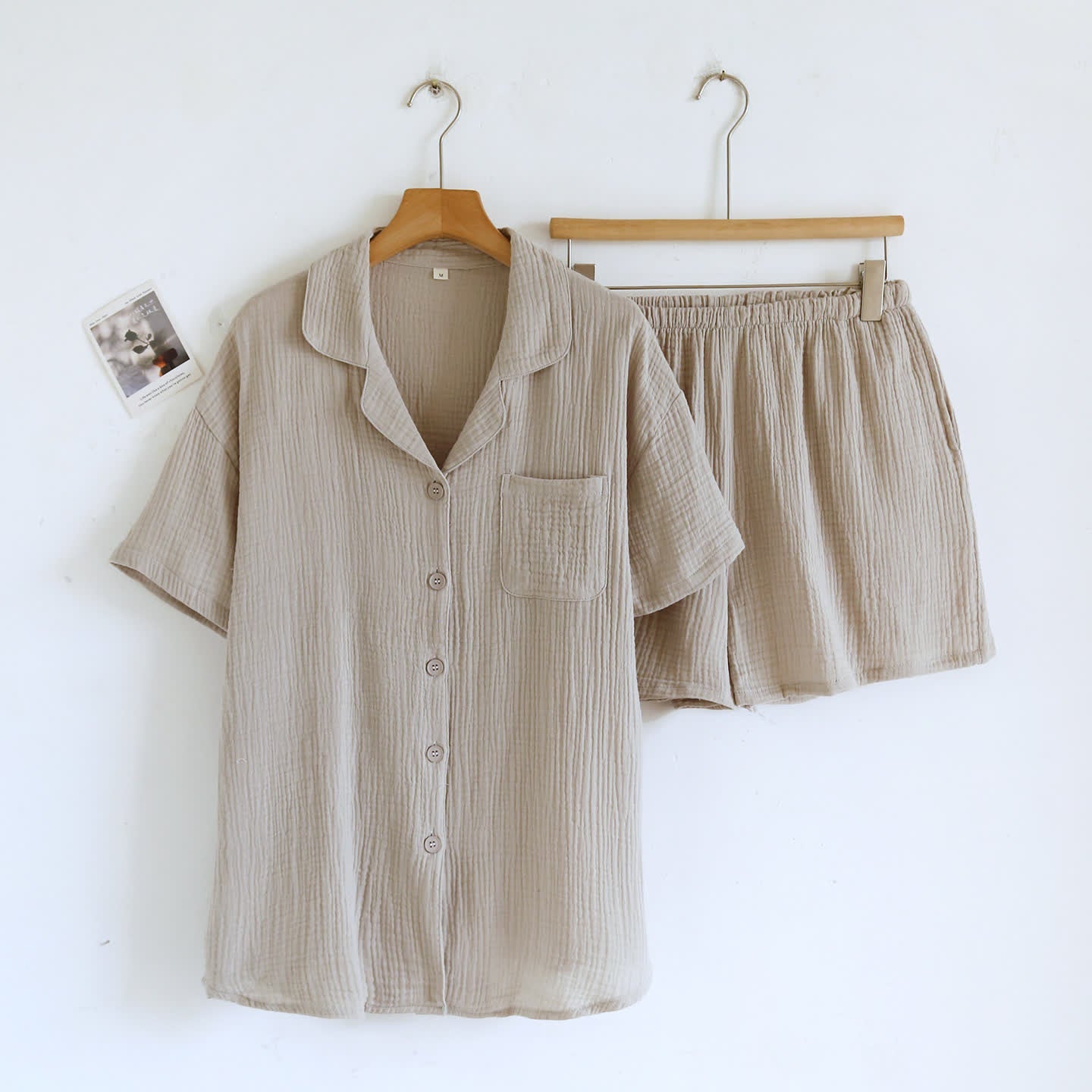 Cotton Gauze Button Front Loungewear Set 100% Cotton After-Bath Wear Autumn Button Front Casual Comfortable Cooling Loungewear Cotton Cotton Gauze Couple Sleepwear Crinkled Texture Dropped Shoulder Elastic Waist Home Lounge Outfit Homewear Indoor L Lightweight Lounge Set Loungewear Minimalist Outerwear-Ready Pajama Pajama Set Patch Pocket Set Short Sleeve Shorts Set Sleepwear Soft Cotton Solid Color Sleepwear Spring Summer Turn-Down Collar Two Piece Set Warm Weather
