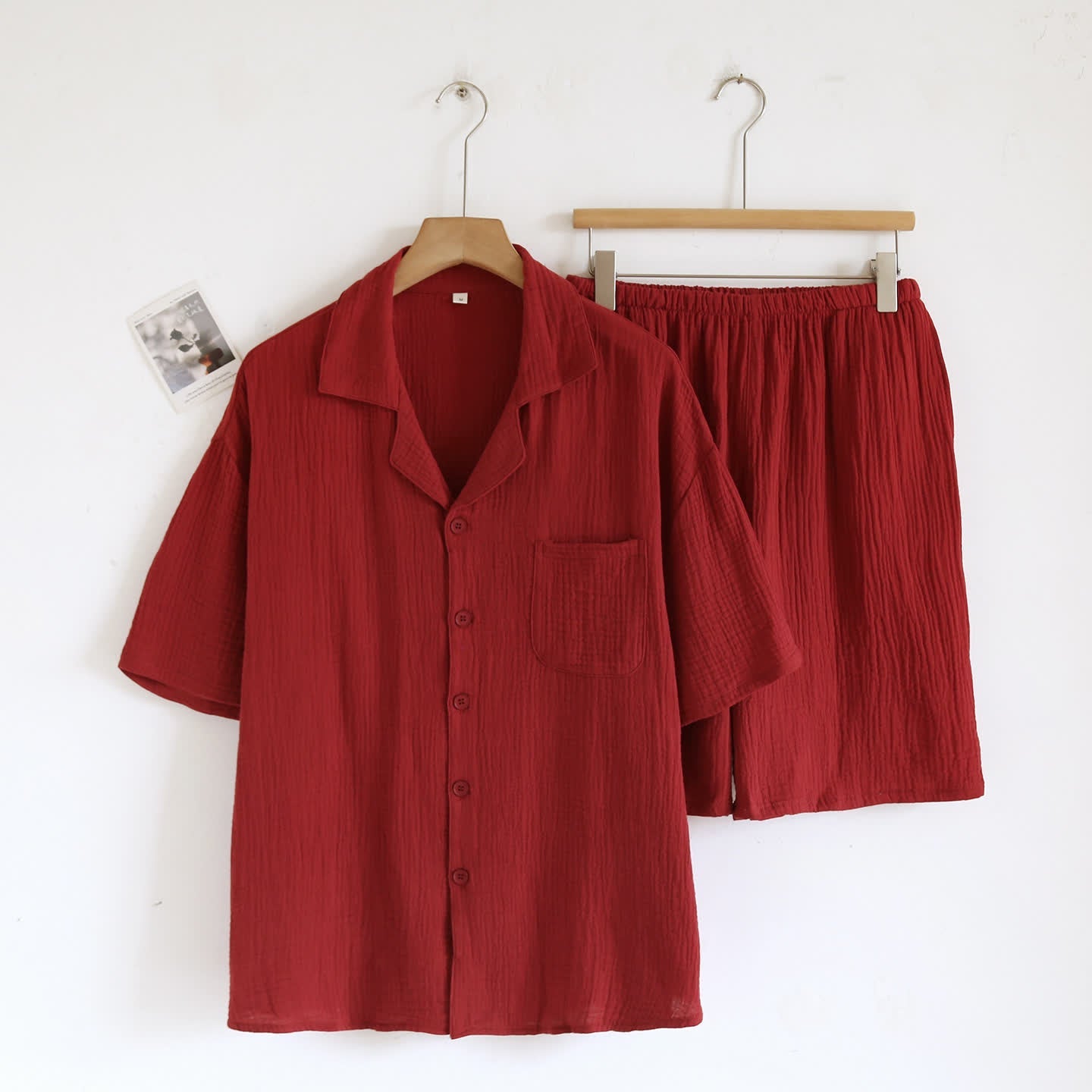 Cotton Gauze Button Front Loungewear Set 100% Cotton After-Bath Wear Autumn Button Front Casual Comfortable Cooling Loungewear Cotton Cotton Gauze Couple Sleepwear Crinkled Texture Dropped Shoulder Elastic Waist Home Lounge Outfit Homewear Indoor L Lightweight Lounge Set Loungewear Minimalist Outerwear-Ready Pajama Pajama Set Patch Pocket Set Short Sleeve Shorts Set Sleepwear Soft Cotton Solid Color Sleepwear Spring Summer Turn-Down Collar Two Piece Set Warm Weather