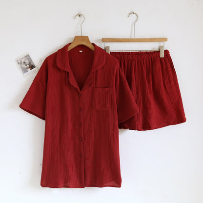 Cotton Gauze Button Front Loungewear Set 100% Cotton After-Bath Wear Autumn Button Front Casual Comfortable Cooling Loungewear Cotton Cotton Gauze Couple Sleepwear Crinkled Texture Dropped Shoulder Elastic Waist Home Lounge Outfit Homewear Indoor L Lightweight Lounge Set Loungewear Minimalist Outerwear-Ready Pajama Pajama Set Patch Pocket Set Short Sleeve Shorts Set Sleepwear Soft Cotton Solid Color Sleepwear Spring Summer Turn-Down Collar Two Piece Set Warm Weather