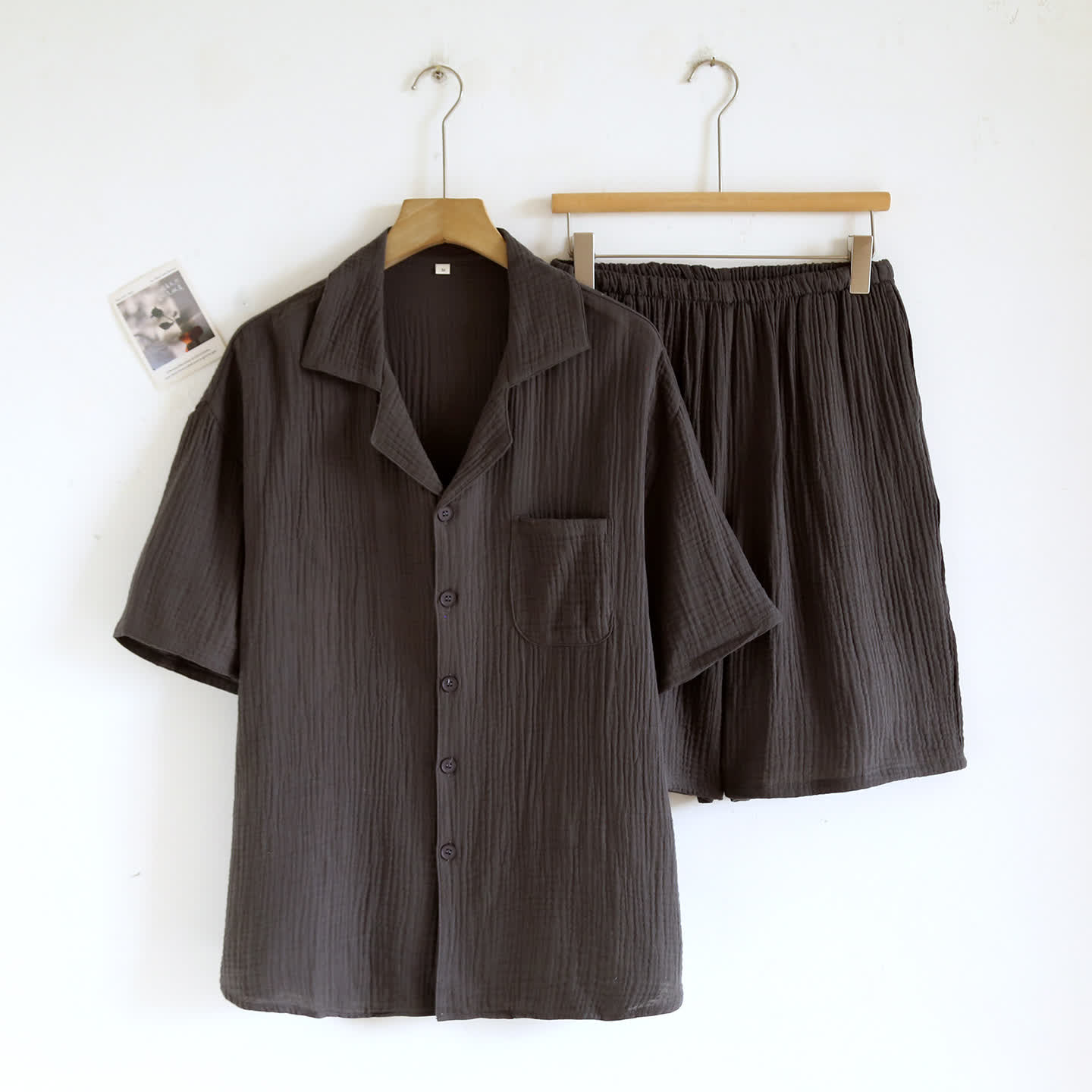 Cotton Gauze Button Front Loungewear Set 100% Cotton After-Bath Wear Autumn Button Front Casual Comfortable Cooling Loungewear Cotton Cotton Gauze Couple Sleepwear Crinkled Texture Dropped Shoulder Elastic Waist Home Lounge Outfit Homewear Indoor L Lightweight Lounge Set Loungewear Minimalist Outerwear-Ready Pajama Pajama Set Patch Pocket Set Short Sleeve Shorts Set Sleepwear Soft Cotton Solid Color Sleepwear Spring Summer Turn-Down Collar Two Piece Set Warm Weather