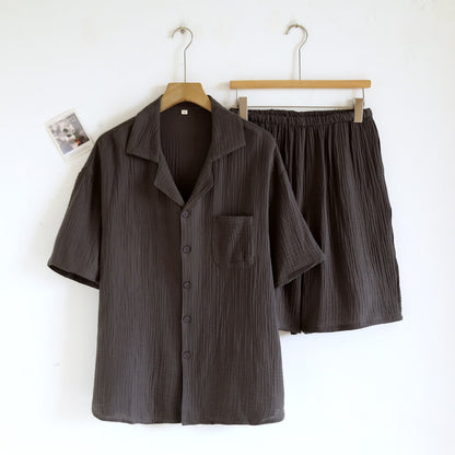 Cotton Gauze Button Front Loungewear Set 100% Cotton After-Bath Wear Autumn Button Front Casual Comfortable Cooling Loungewear Cotton Cotton Gauze Couple Sleepwear Crinkled Texture Dropped Shoulder Elastic Waist Home Lounge Outfit Homewear Indoor L Lightweight Lounge Set Loungewear Minimalist Outerwear-Ready Pajama Pajama Set Patch Pocket Set Short Sleeve Shorts Set Sleepwear Soft Cotton Solid Color Sleepwear Spring Summer Turn-Down Collar Two Piece Set Warm Weather