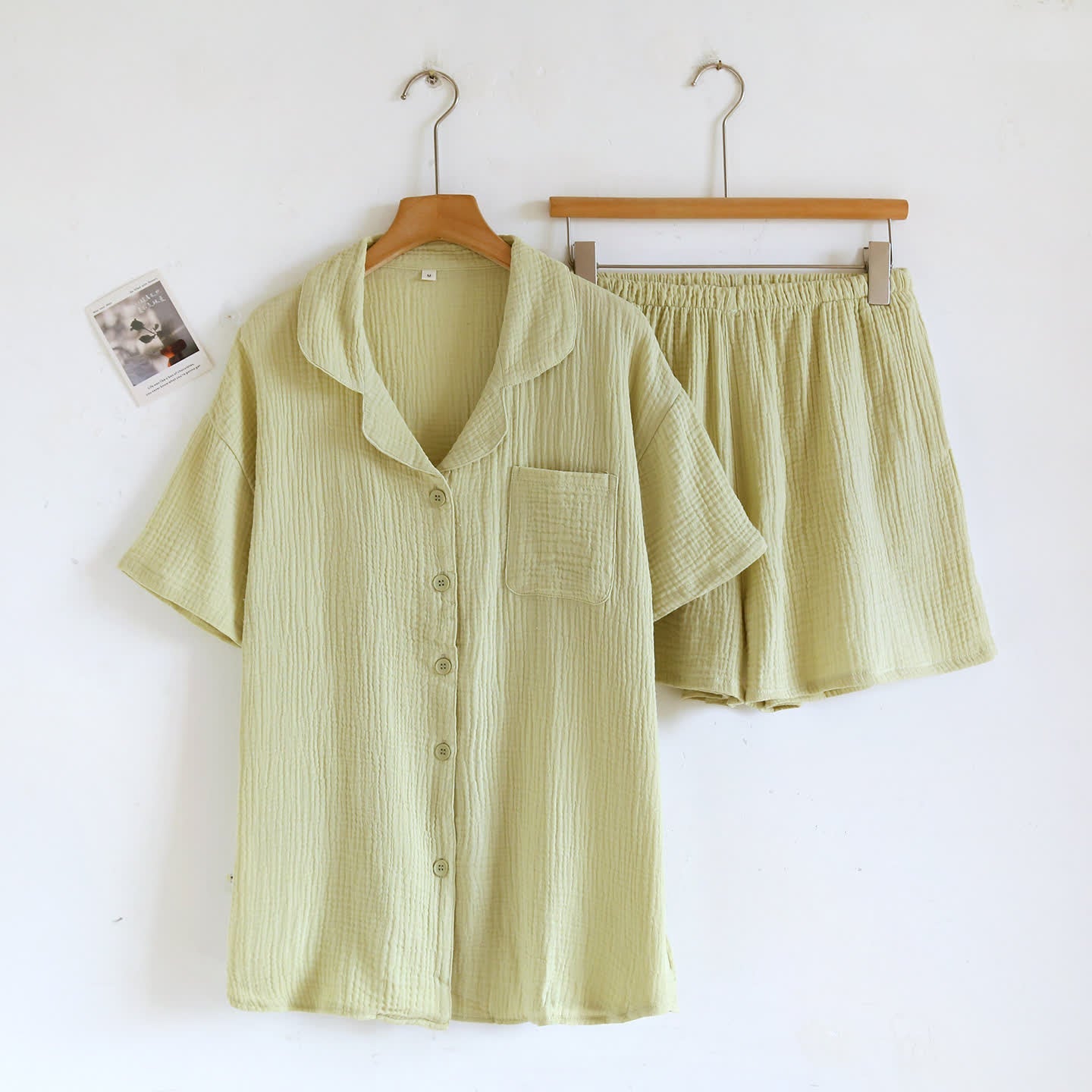 Cotton Gauze Button Front Loungewear Set 100% Cotton After-Bath Wear Autumn Button Front Casual Comfortable Cooling Loungewear Cotton Cotton Gauze Couple Sleepwear Crinkled Texture Dropped Shoulder Elastic Waist Home Lounge Outfit Homewear Indoor L Lightweight Lounge Set Loungewear Minimalist Outerwear-Ready Pajama Pajama Set Patch Pocket Set Short Sleeve Shorts Set Sleepwear Soft Cotton Solid Color Sleepwear Spring Summer Turn-Down Collar Two Piece Set Warm Weather