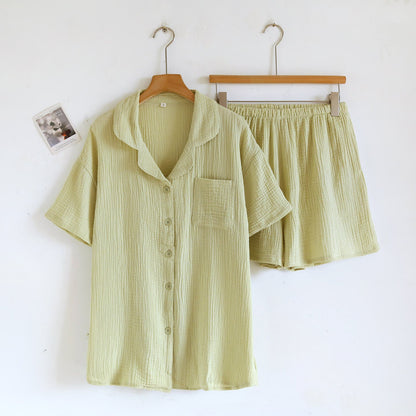 Cotton Gauze Button Front Loungewear Set 100% Cotton After-Bath Wear Autumn Button Front Casual Comfortable Cooling Loungewear Cotton Cotton Gauze Couple Sleepwear Crinkled Texture Dropped Shoulder Elastic Waist Home Lounge Outfit Homewear Indoor L Lightweight Lounge Set Loungewear Minimalist Outerwear-Ready Pajama Pajama Set Patch Pocket Set Short Sleeve Shorts Set Sleepwear Soft Cotton Solid Color Sleepwear Spring Summer Turn-Down Collar Two Piece Set Warm Weather