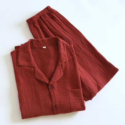 Cotton Gauze Button Front Loungewear Set 100% Cotton After-Bath Wear Autumn Button Front Casual Comfortable Cooling Loungewear Cotton Cotton Gauze Couple Sleepwear Crinkled Texture Dropped Shoulder Elastic Waist Home Lounge Outfit Homewear Indoor L Lightweight Lounge Set Loungewear Minimalist Outerwear-Ready Pajama Pajama Set Patch Pocket Set Short Sleeve Shorts Set Sleepwear Soft Cotton Solid Color Sleepwear Spring Summer Turn-Down Collar Two Piece Set Warm Weather