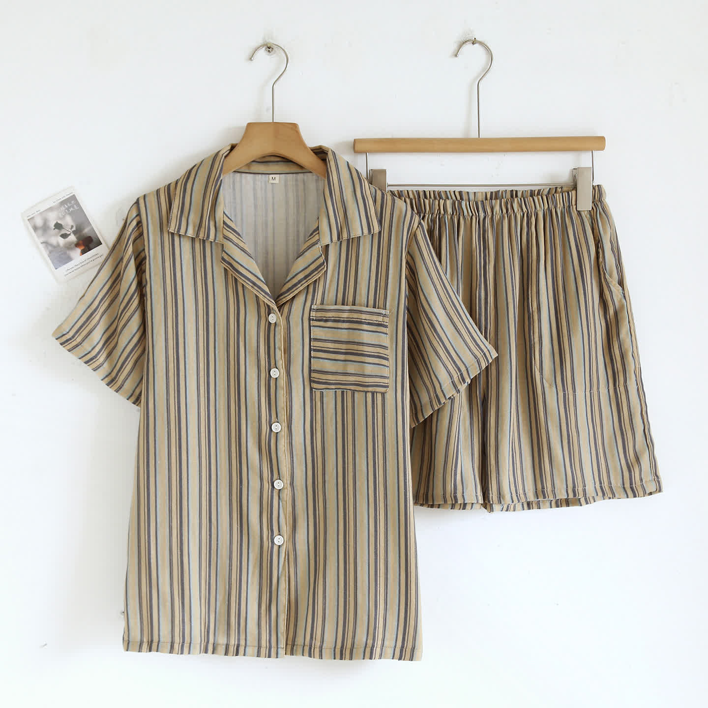 Vintage Striped Cotton Loungewear Set Autumn Breathable Button Front Camp Collar Casual Comfortable Cotton Cotton Gauze Crinkled Texture Elastic Waist Homewear Hong Kong Style Indoor L Lightweight Loose Fit Lounge Set Loungewear Minimalist Outdoor Pajama Pajama Set Patch Pocket Pure Cotton Resort Wear Set Short Sleeve Shorts Set Sleepwear Soft Cotton Spring Striped Summer Two Piece Set Vertical Stripe Vintage Style Warm Weather women