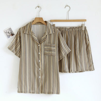 Vintage Striped Cotton Loungewear Set Autumn Breathable Button Front Camp Collar Casual Comfortable Cotton Cotton Gauze Crinkled Texture Elastic Waist Homewear Hong Kong Style Indoor L Lightweight Loose Fit Lounge Set Loungewear Minimalist Outdoor Pajama Pajama Set Patch Pocket Pure Cotton Resort Wear Set Short Sleeve Shorts Set Sleepwear Soft Cotton Spring Striped Summer Two Piece Set Vertical Stripe Vintage Style Warm Weather women