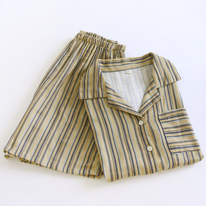 Vintage Striped Cotton Loungewear Set Autumn Breathable Button Front Camp Collar Casual Comfortable Cotton Cotton Gauze Crinkled Texture Elastic Waist Homewear Hong Kong Style Indoor L Lightweight Loose Fit Lounge Set Loungewear Minimalist Outdoor Pajama Pajama Set Patch Pocket Pure Cotton Resort Wear Set Short Sleeve Shorts Set Sleepwear Soft Cotton Spring Striped Summer Two Piece Set Vertical Stripe Vintage Style Warm Weather women