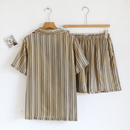Vintage Striped Cotton Loungewear Set Autumn Breathable Button Front Camp Collar Casual Comfortable Cotton Cotton Gauze Crinkled Texture Elastic Waist Homewear Hong Kong Style Indoor L Lightweight Loose Fit Lounge Set Loungewear Minimalist Outdoor Pajama Pajama Set Patch Pocket Pure Cotton Resort Wear Set Short Sleeve Shorts Set Sleepwear Soft Cotton Spring Striped Summer Two Piece Set Vertical Stripe Vintage Style Warm Weather women