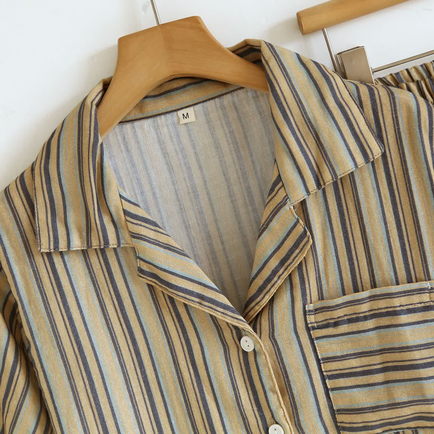 Vintage Striped Cotton Loungewear Set Autumn Breathable Button Front Camp Collar Casual Comfortable Cotton Cotton Gauze Crinkled Texture Elastic Waist Homewear Hong Kong Style Indoor L Lightweight Loose Fit Lounge Set Loungewear Minimalist Outdoor Pajama Pajama Set Patch Pocket Pure Cotton Resort Wear Set Short Sleeve Shorts Set Sleepwear Soft Cotton Spring Striped Summer Two Piece Set Vertical Stripe Vintage Style Warm Weather women