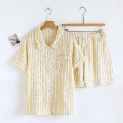 Floral Stripe Button Front Loungewear Set After Bath Autumn Breathable Button Front Casual Chest Pocket Comfortable Contrast Piping Cotton Cotton Gauze Crinkled Texture Elastic Waist Floral Stripe Homewear Indoor L Lightweight Loose Fit Lounge Set Loungewear M Minimalist Notched Collar Outdoor Pajama Pajama Set Pure Cotton Pyjama Set Set Short Sleeve Shorts Set Sleepwear Soft Cotton Spring Summer Two Piece Set Vintage Inspired Warm Weather women Woven Pajamas XL Yellow