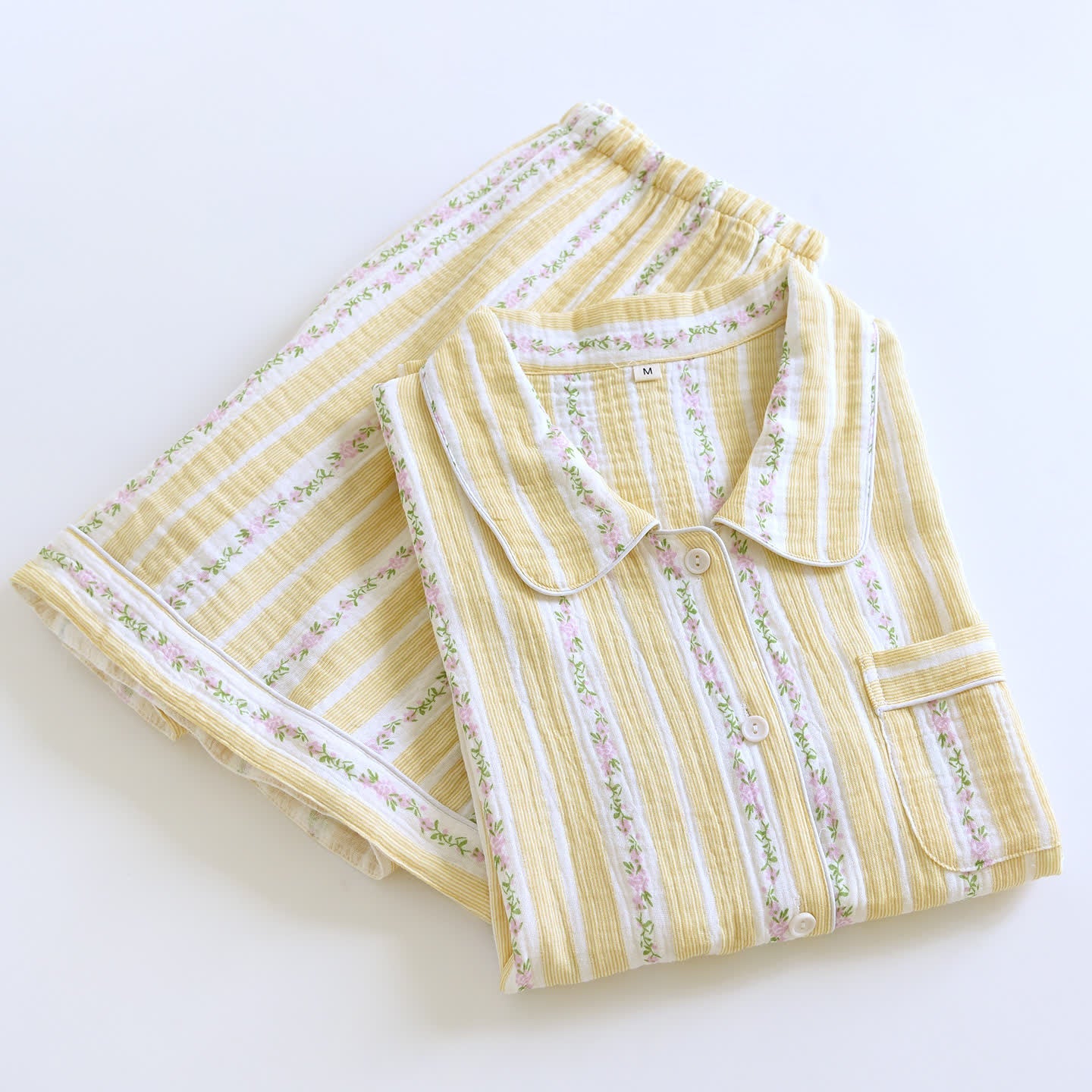 Floral Stripe Button Front Loungewear Set After Bath Autumn Breathable Button Front Casual Chest Pocket Comfortable Contrast Piping Cotton Cotton Gauze Crinkled Texture Elastic Waist Floral Stripe Homewear Indoor L Lightweight Loose Fit Lounge Set Loungewear M Minimalist Notched Collar Outdoor Pajama Pajama Set Pure Cotton Pyjama Set Set Short Sleeve Shorts Set Sleepwear Soft Cotton Spring Summer Two Piece Set Vintage Inspired Warm Weather women Woven Pajamas XL Yellow