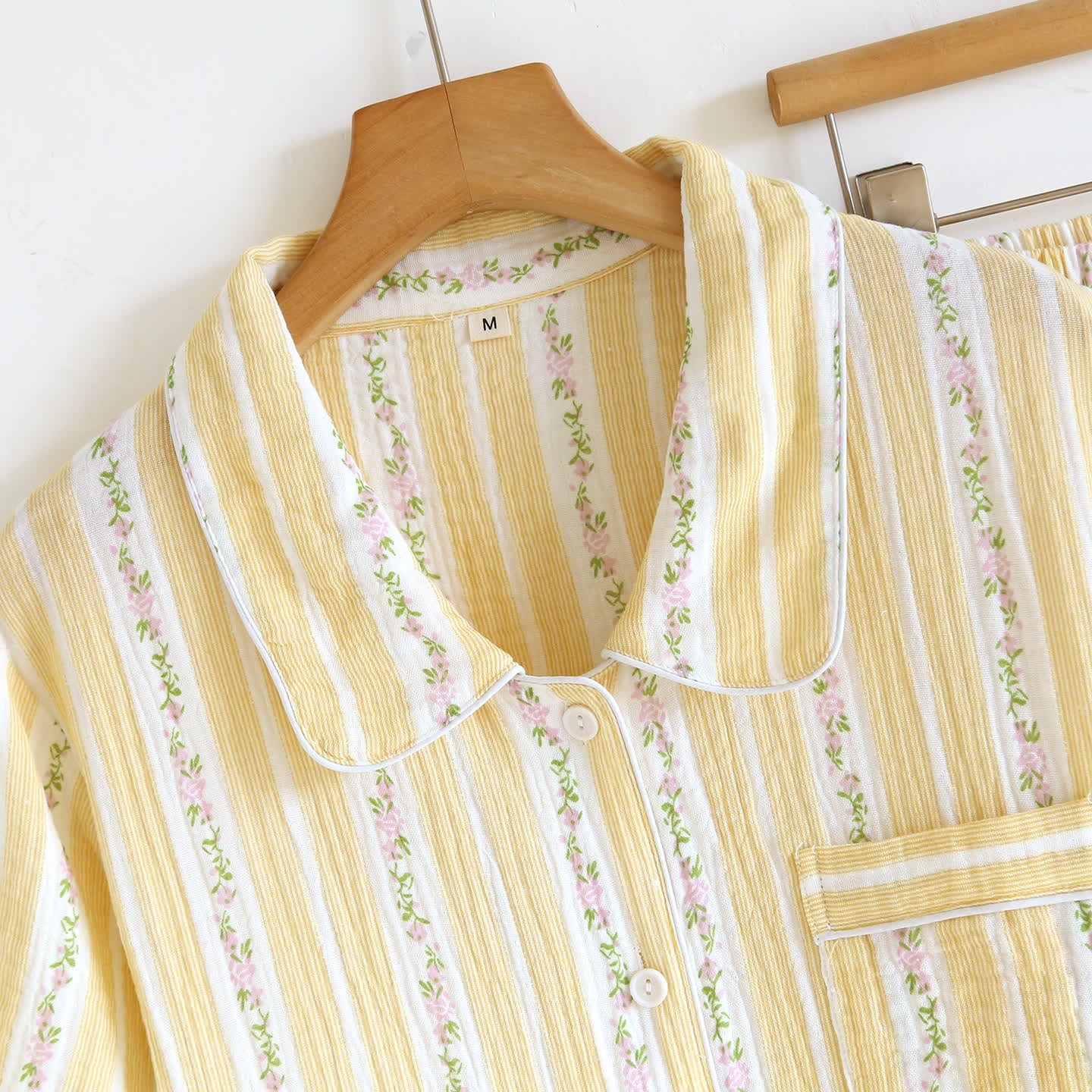 Floral Stripe Button Front Loungewear Set After Bath Autumn Breathable Button Front Casual Chest Pocket Comfortable Contrast Piping Cotton Cotton Gauze Crinkled Texture Elastic Waist Floral Stripe Homewear Indoor L Lightweight Loose Fit Lounge Set Loungewear M Minimalist Notched Collar Outdoor Pajama Pajama Set Pure Cotton Pyjama Set Set Short Sleeve Shorts Set Sleepwear Soft Cotton Spring Summer Two Piece Set Vintage Inspired Warm Weather women Woven Pajamas XL Yellow