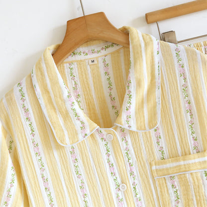 Floral Stripe Button Front Loungewear Set After Bath Autumn Breathable Button Front Casual Chest Pocket Comfortable Contrast Piping Cotton Cotton Gauze Crinkled Texture Elastic Waist Floral Stripe Homewear Indoor L Lightweight Loose Fit Lounge Set Loungewear M Minimalist Notched Collar Outdoor Pajama Pajama Set Pure Cotton Pyjama Set Set Short Sleeve Shorts Set Sleepwear Soft Cotton Spring Summer Two Piece Set Vintage Inspired Warm Weather women Woven Pajamas XL Yellow